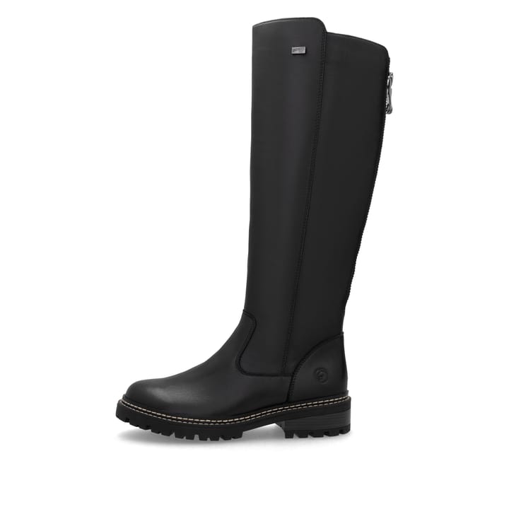 Schwarze remonte Hochschaftstiefel D0B72-01 mit wasserabweisender TEX-Membran. Schuh Außenseite.