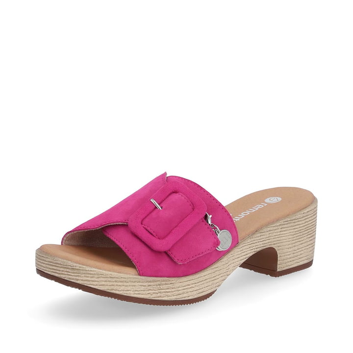 remonte mules roses femmes D0N56-31 avec une fermeture velcro. Chaussure inclinée sur le côté.