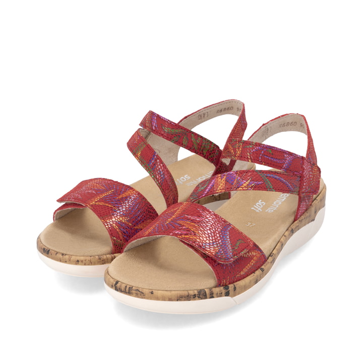 Mehrfarbige remonte Riemchensandalen R6860-90 mit einem Klettverschluss. Schuhpaar seitlich schräg.