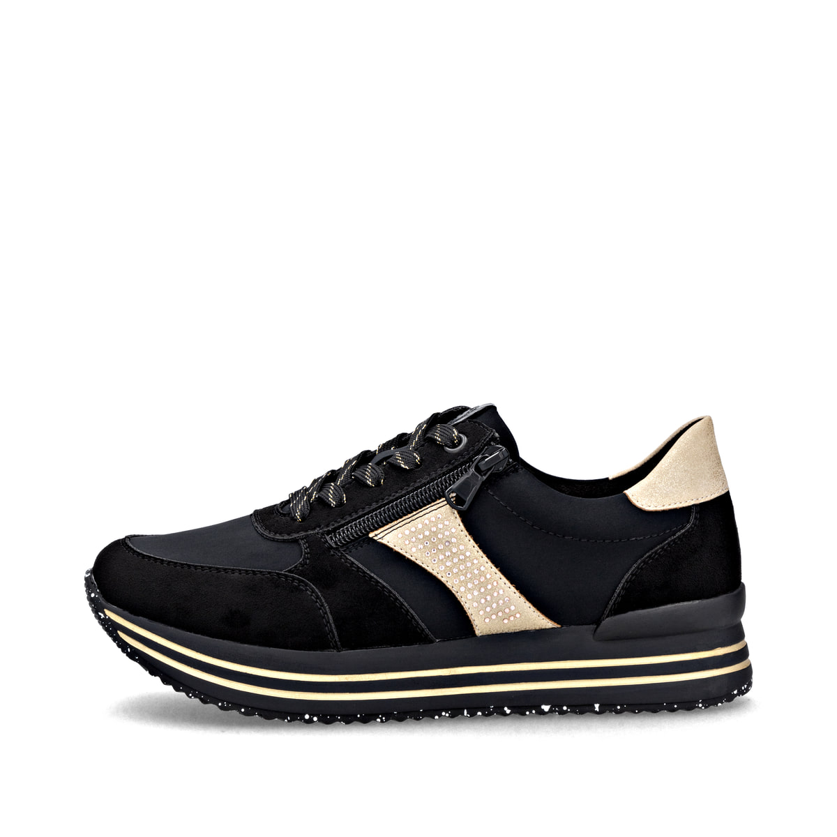 Schwarze remonte Damen Sneaker D1330-03 mit Reißverschluss sowie Komfortweite G. Schuh Außenseite.