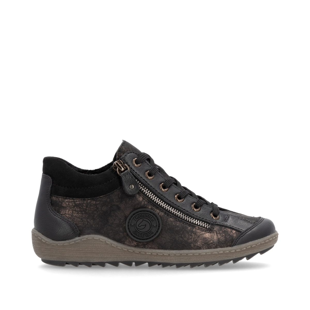 Schwarz-bronzene remonte Damen Schnürstiefel R1477-90 mit einem Reißverschluss. Schuh Außenseite gespiegelt.