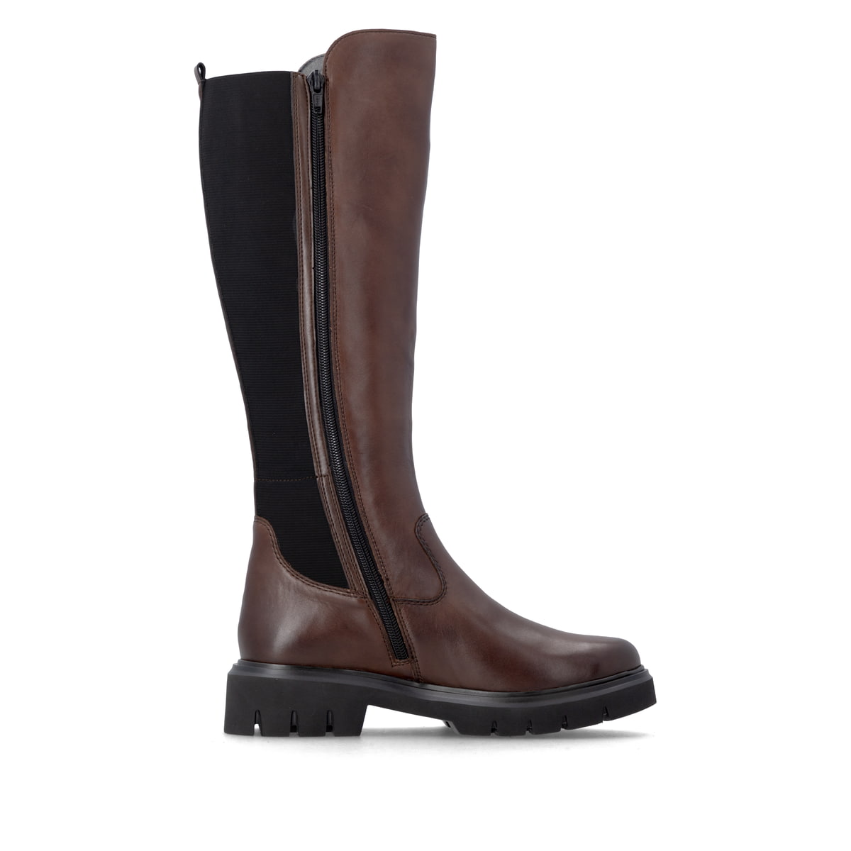 Dunkelbraune remonte Hochschaftstiefel D1W77-25 mit einem Reißverschluss. Schuh Innenseite.