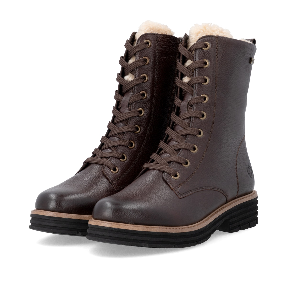 Dunkelbraune remonte Damen Schnürstiefel D3A73-25. Schuhpaar seitlich schräg.