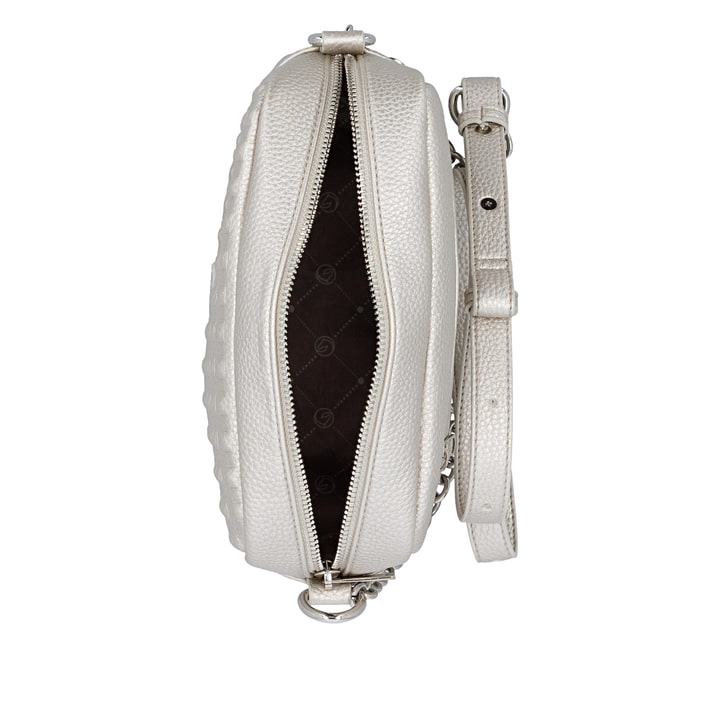 Sac à main remonte Q0667-90 gris avec détails de chaîne et fermeture éclair. Ouvert.