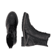 Schwarze remonte Damen Schnürstiefel D2Q73-00 mit einem Reißverschluss. Schuh von oben, liegend.