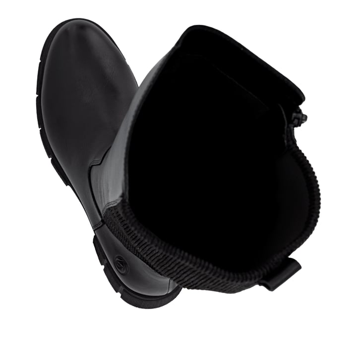 Schwarze remonte Hochschaftstiefel D2S74-00 mit einem Reißverschluss. Schuh von oben, liegend.