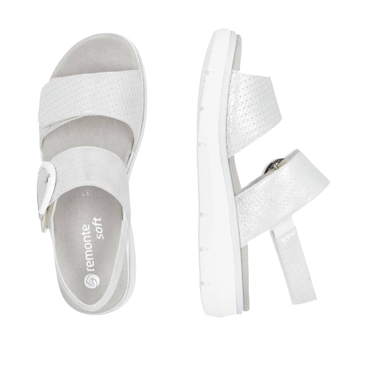 Silberne remonte Keilsandaletten D2K50-91 mit einem Klettverschluss. Schuh von oben, liegend.