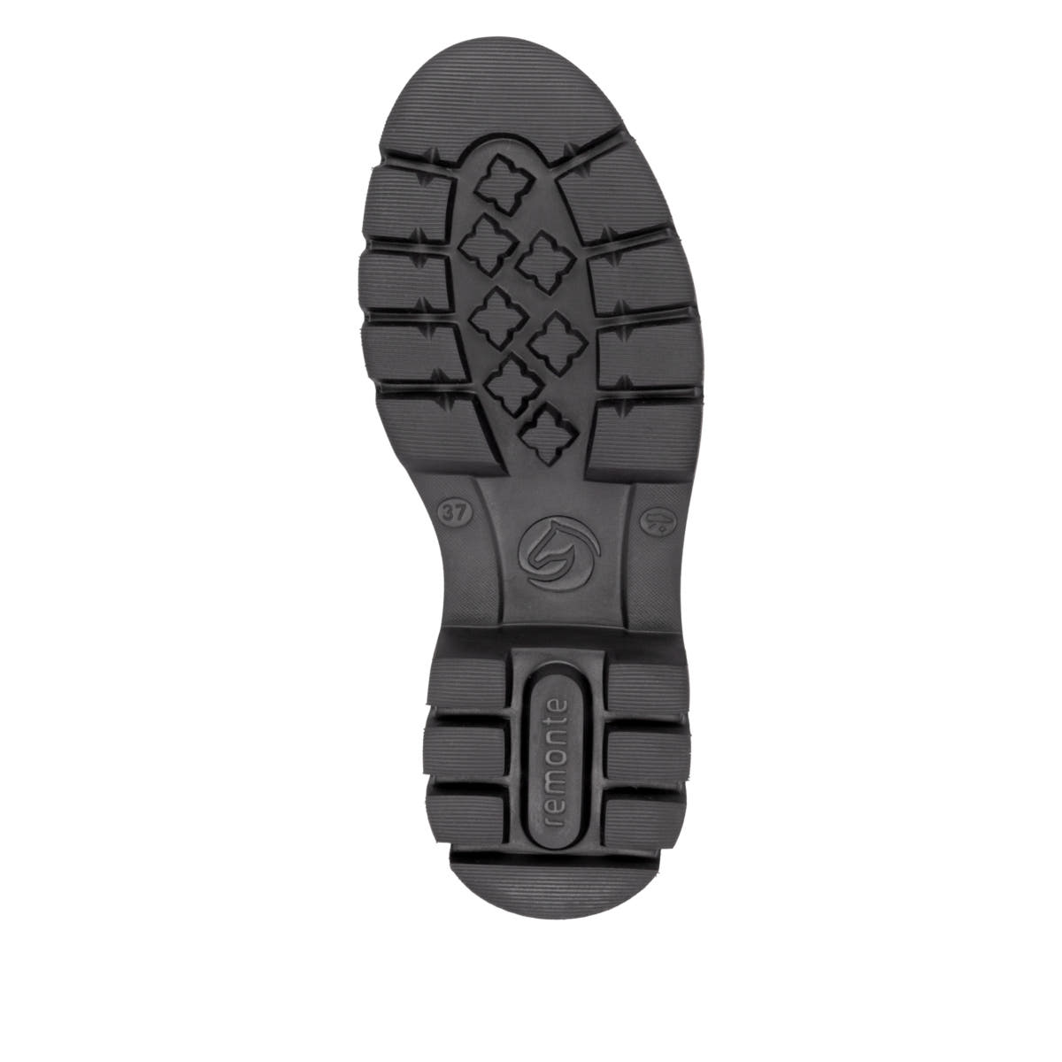 Schwarze remonte Hochschaftstiefel D1W77-00 mit einem Reißverschluss. Schuh Laufsohle.