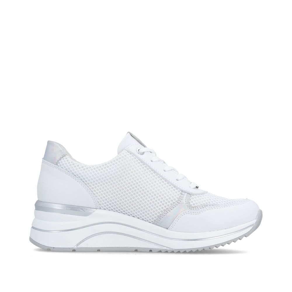 Weiße vegane remonte Damen Sneaker Low D0T19-80 mit einem Reißverschluss. Schuh Innenseite.