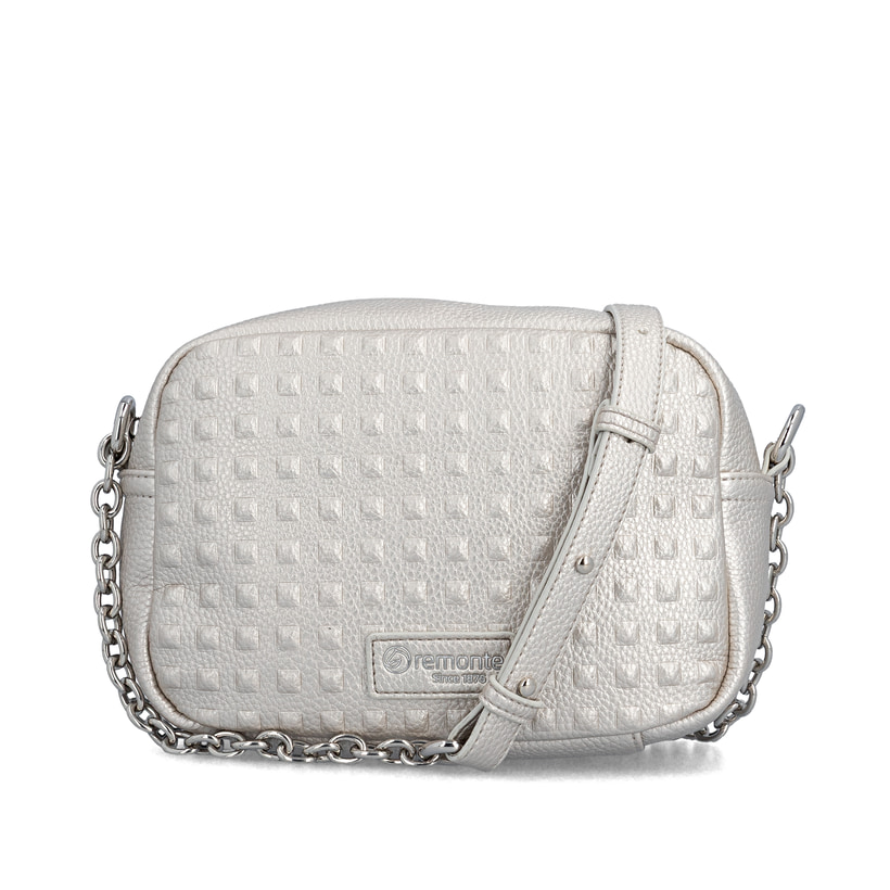 Sac à main remonte Q0667-90 gris avec détails de chaîne et fermeture éclair. Devant.