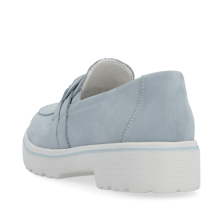 Blaue remonte Damen Loafer D1H01-12 mit Elastikeinsatz sowie geflochtenem Riemen. Schuh von hinten.