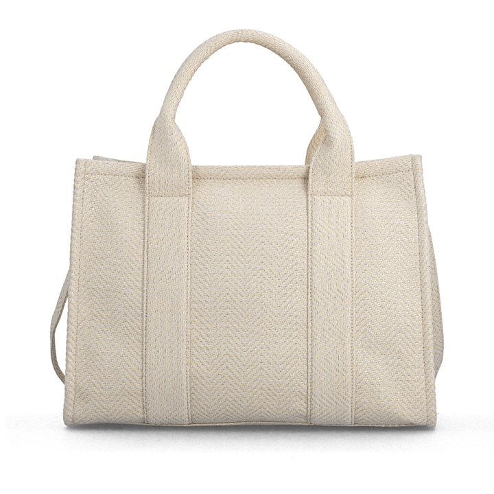 Sac à main remonte Q0766-90 beige avec tissu tressé et fermeture éclair. Arrière.