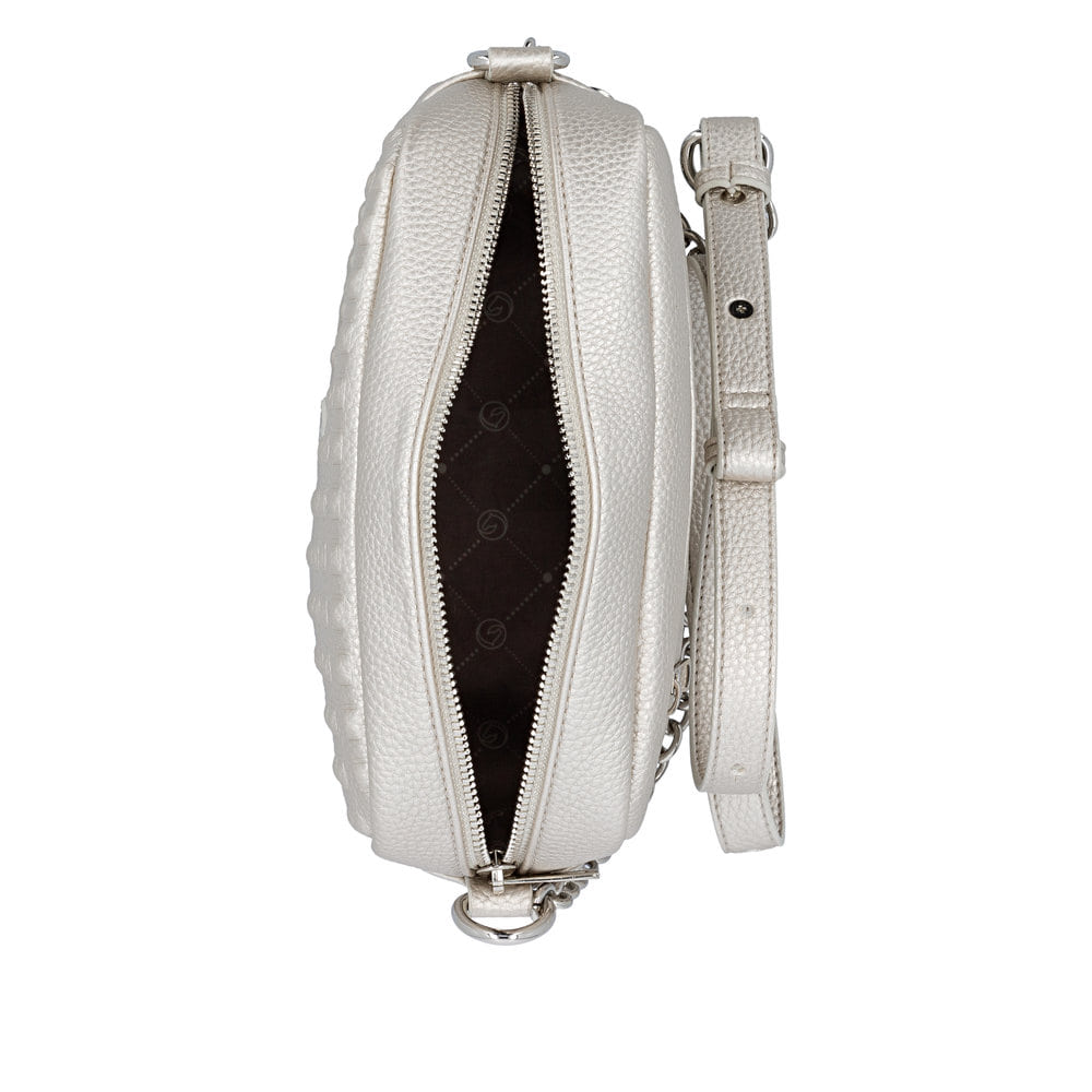 Sac à main remonte Q0667-90 gris avec détails de chaîne et fermeture éclair. Ouvert.
