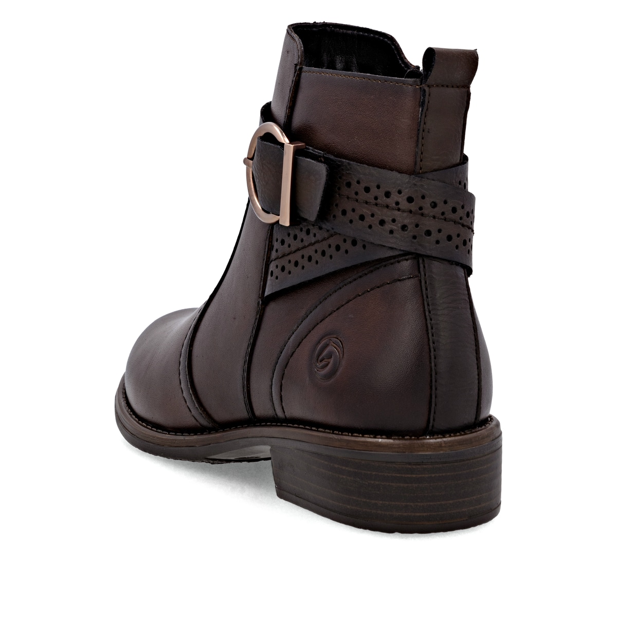 Dunkelbraune remonte Damen Stiefeletten D0F81-25 mit runder Zierschnalle. Schuh von hinten.