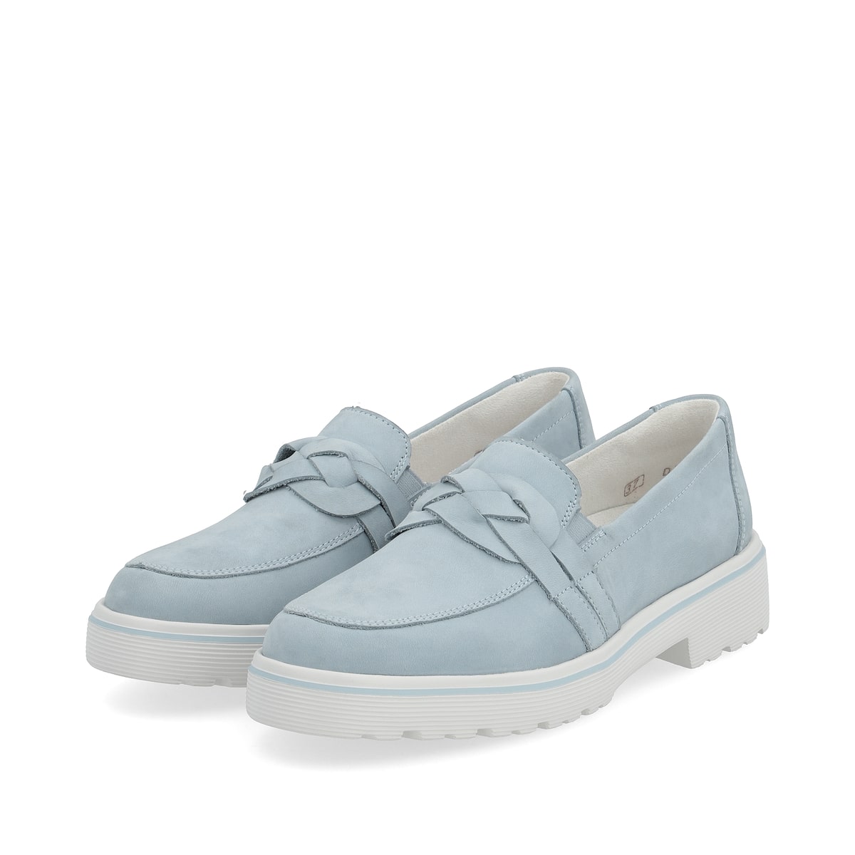 Blaue remonte Damen Loafer D1H01-12 mit Elastikeinsatz sowie geflochtenem Riemen. Schuhpaar seitlich schräg.