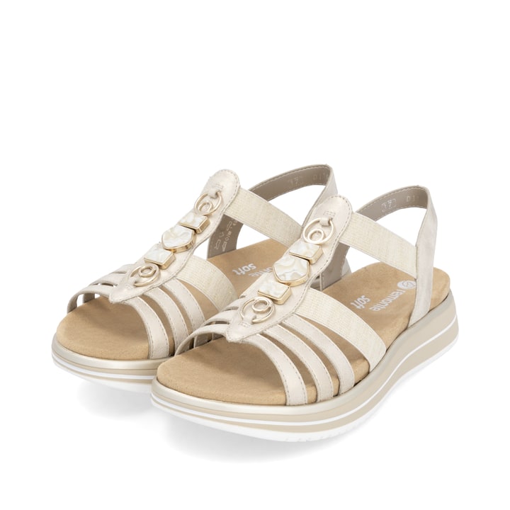 Goldene vegane remonte Riemchensandalen D1J60-91 mit einem Gummizug. Schuhpaar seitlich schräg.