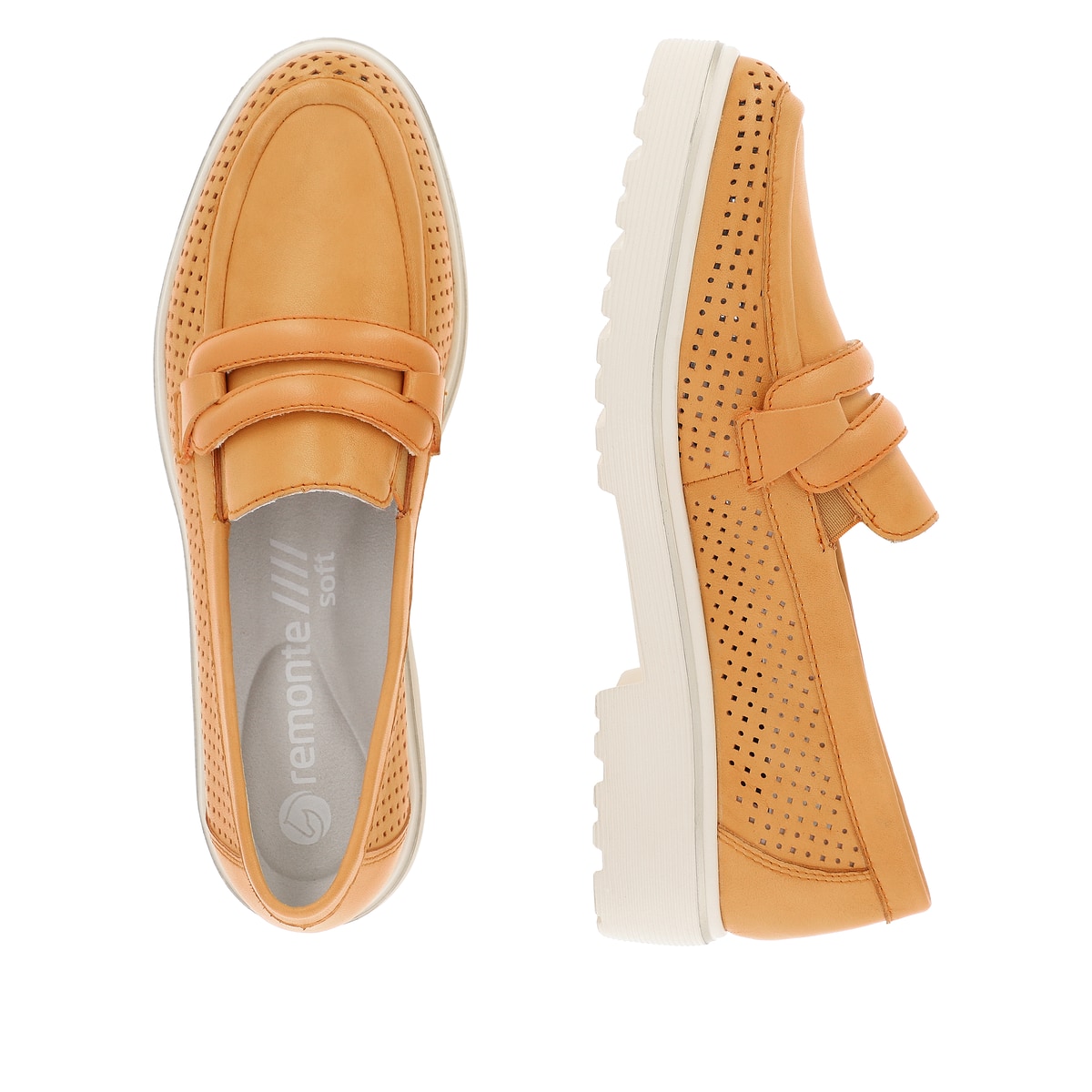 Glutorangene remonte Damen Loafer D1H03-38 mit Elastikeinsatz sowie Löcheroptik. Schuh von oben, liegend.