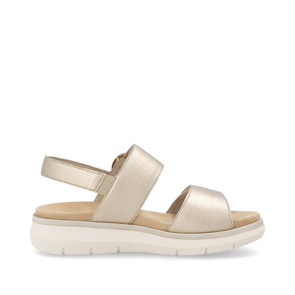 Goldene remonte Keilsandaletten D2K50-90 mit einem Klettverschluss. Schuh Innenseite.