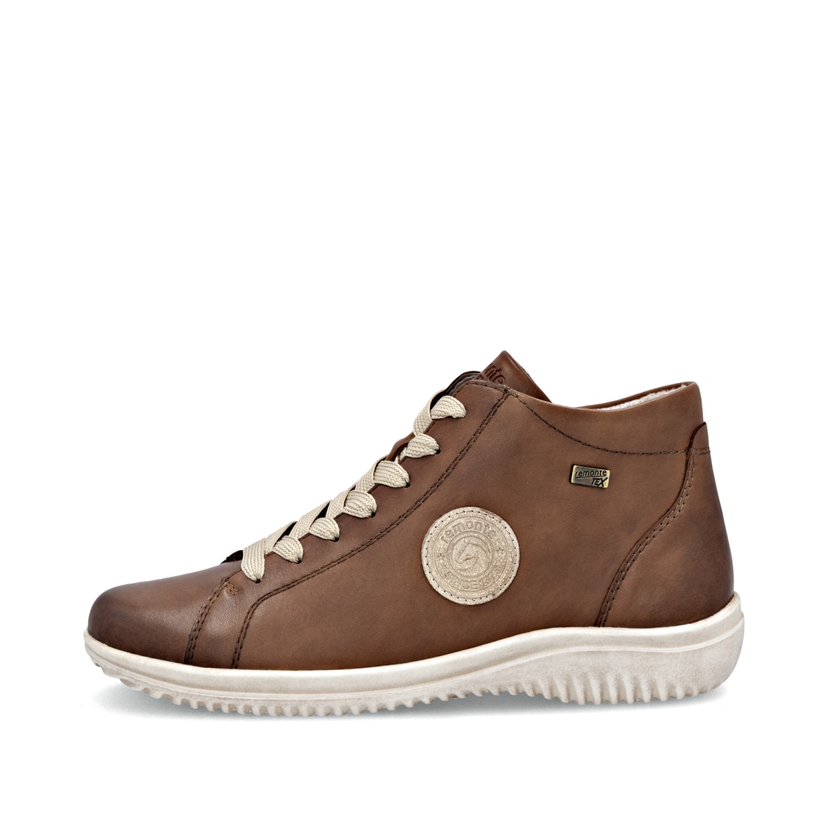 Braune remonte Damen Schnürstiefel D1E71-24 mit wasserabweisender TEX-Membran. Schuh Außenseite.