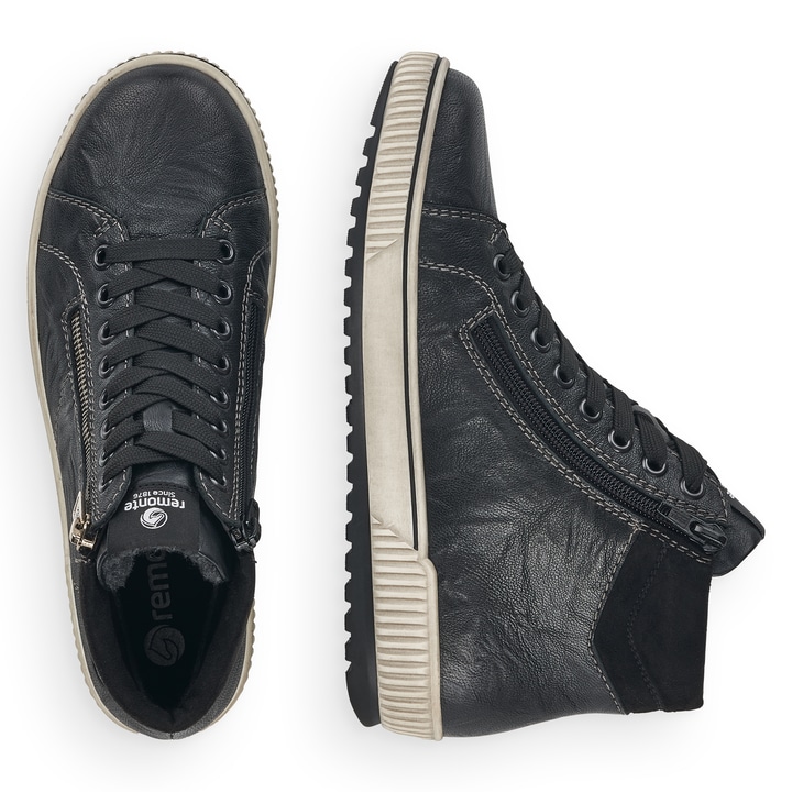 Schwarze remonte Damen Schnürstiefel D0772-01 mit wasserabweisender TEX-Membran. Schuh von oben, liegend.