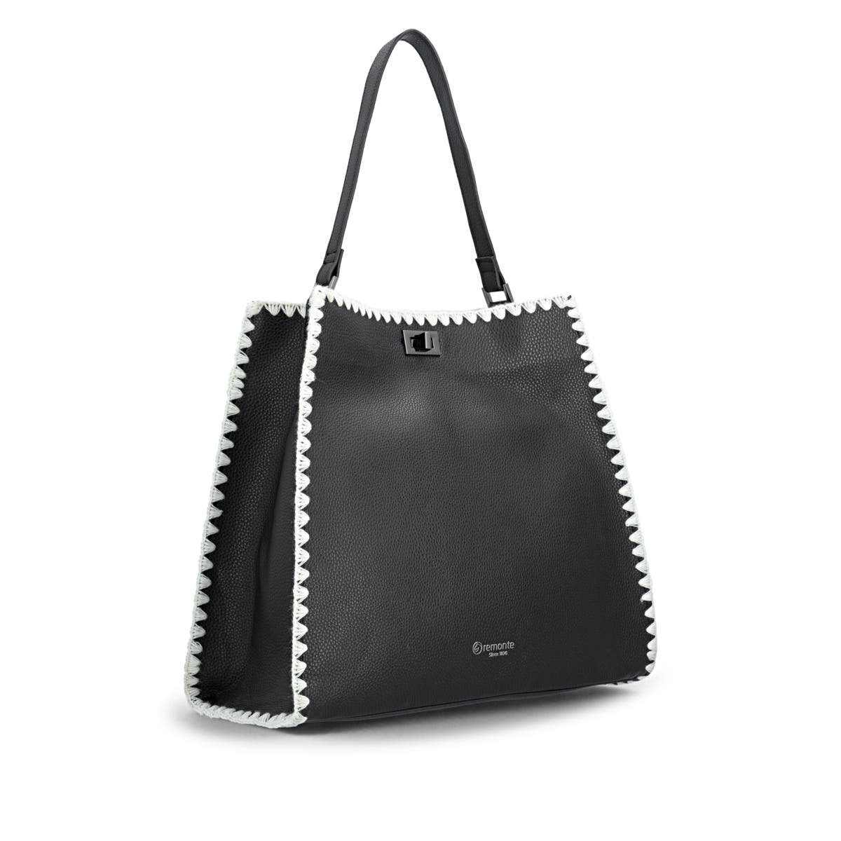 Cabas remonte Q0771-00 noir avec bordure crochetée, bretelles amovibles et poche intérieure amovible. Côté gauche.