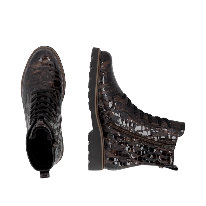 Dunkelbraune remonte Damen Schnürstiefel D3S72-25 mit einem Reißverschluss. Schuh von oben, liegend.