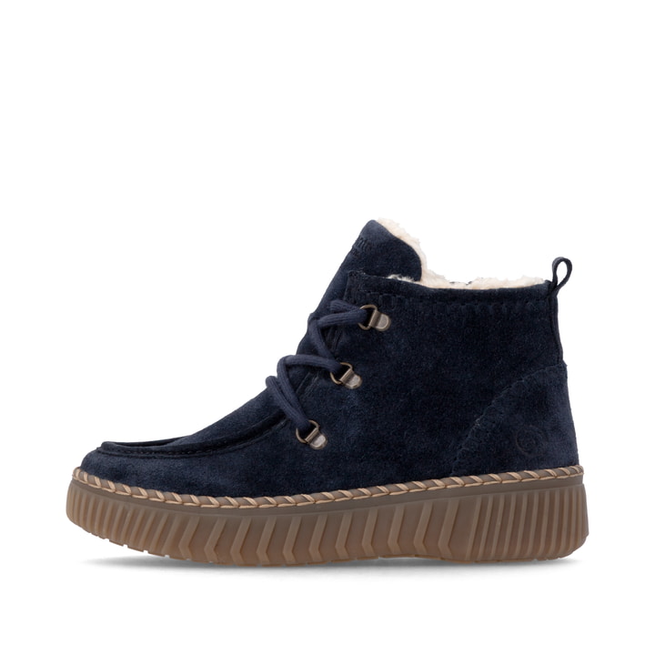 Dunkelblaue remonte Damen Schnürstiefel D4A72-14 mit Mokassin-Optik. Schuh Außenseite.