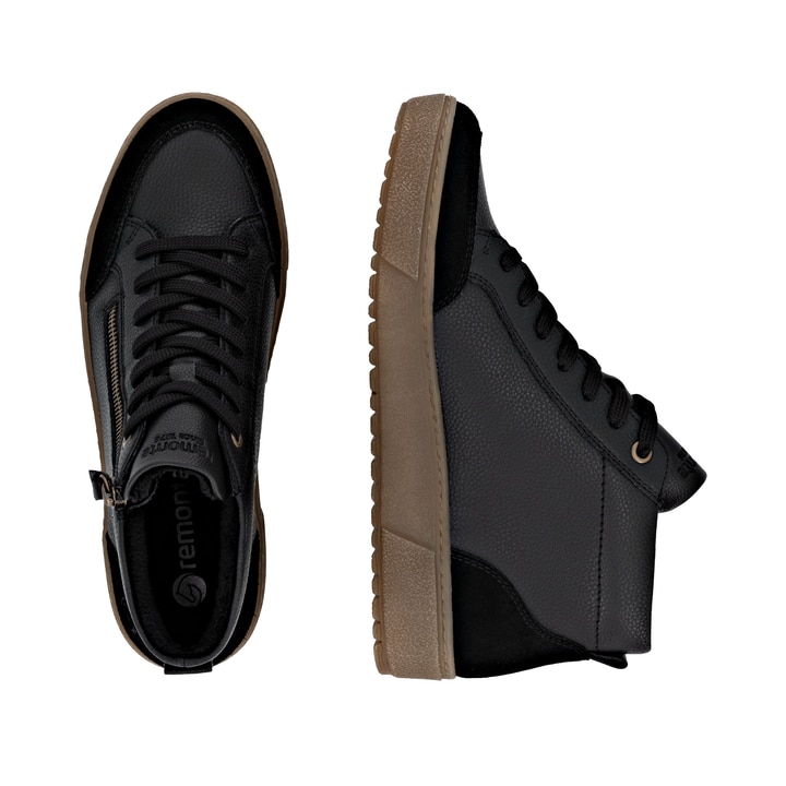 Schwarze remonte Damen Kurzstiefel D2T71-00 mit wasserabweisender TEX-Membran. Schuh von oben, liegend.