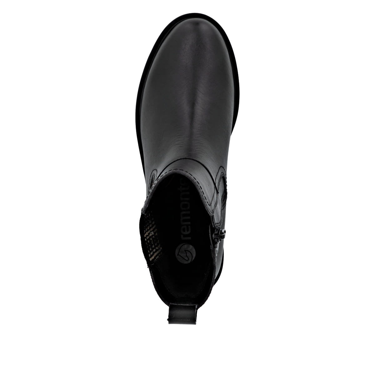 Schwarze remonte Chelsea Boots D8694-03 mit Reißverschluss sowie Komfortweite G. Schuh von oben.
