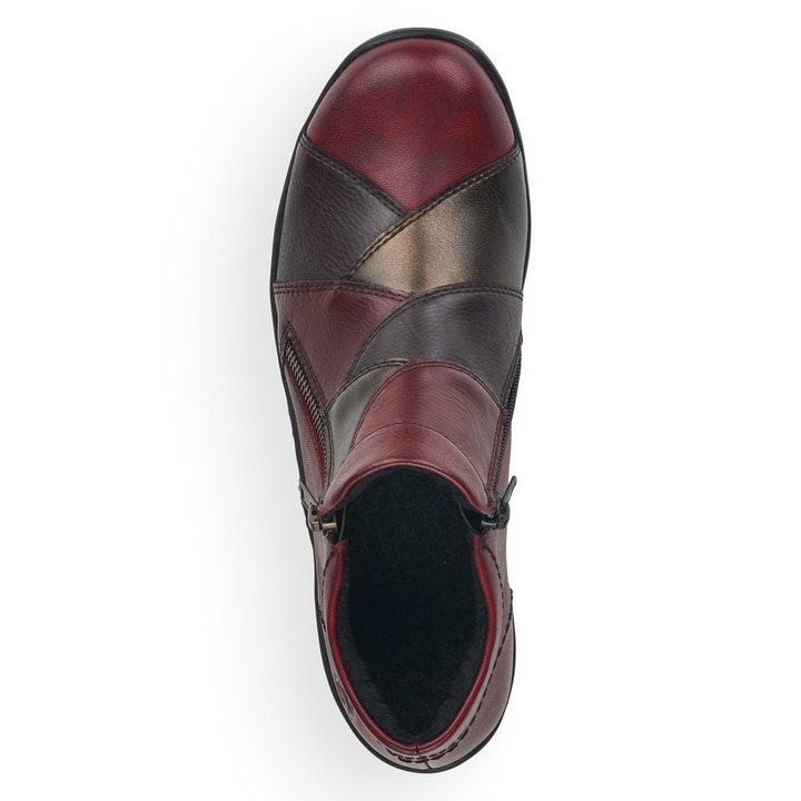 Bottines remonte rouges pour femmes R7674-36 avec fermeture éclair. Chaussure vue de dessus.