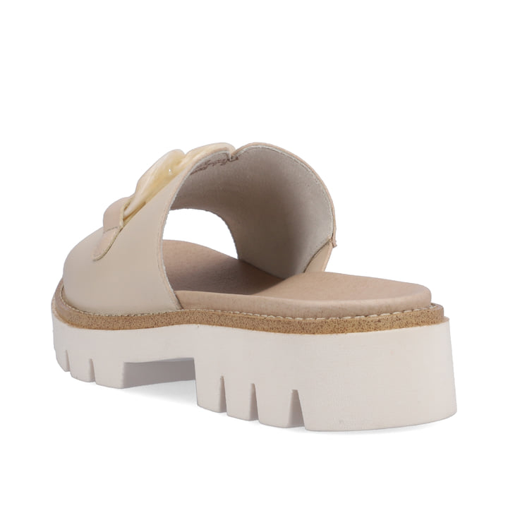 
Cremebeige remonte Damen Pantoletten D7952-60 mit einer leichten und dämpfenden Sohle. Schuh von hinten