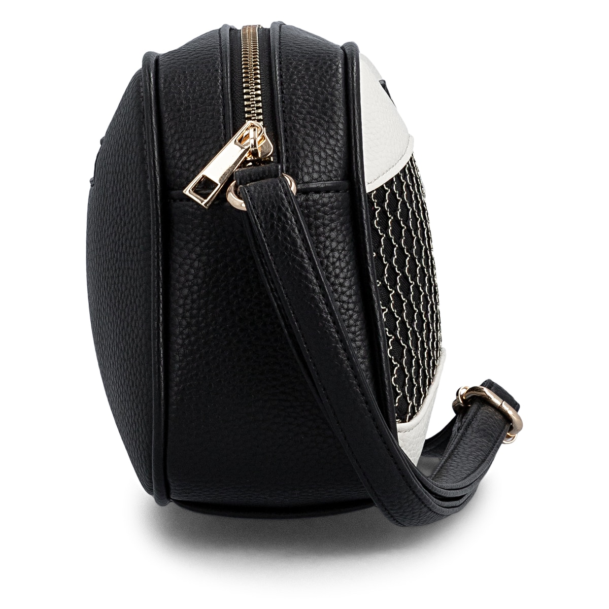 Sac à main remonte Q0668-01 noir avec détails dorés et fermeture éclair. Côté droit.
