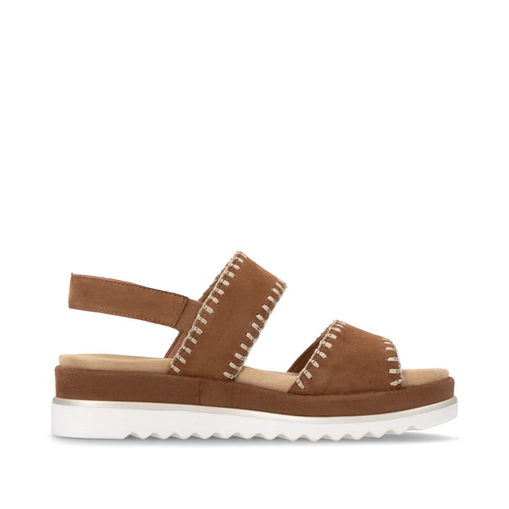 Braune remonte Riemchensandalen D3P50-22 mit handgestickten Nähten. Schuh Innenseite.