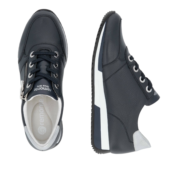 Blaue remonte Damen Sneaker Low D0H11-14 mit einem Reißverschluss. Schuh von oben, liegend.