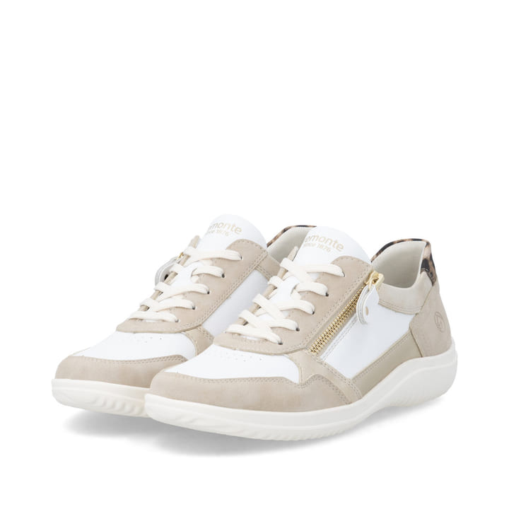 Weißbeige remonte Damen Schnürschuhe D1E06-82 mit einem Reißverschluss. Schuhpaar seitlich schräg.
