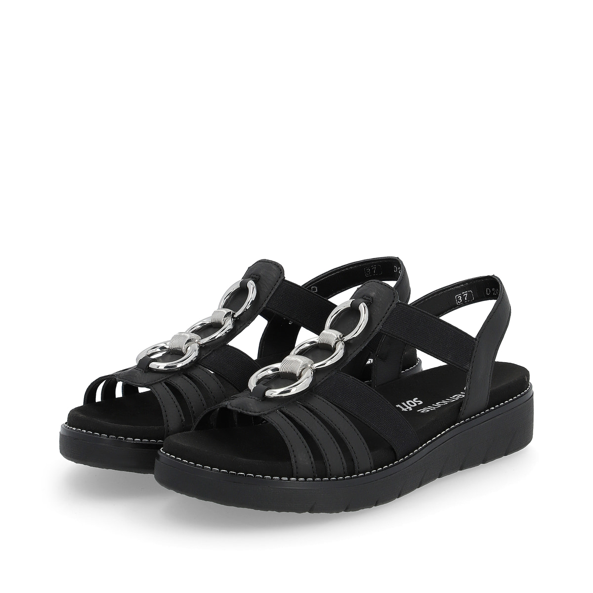 Schwarze vegane remonte Riemchensandalen D2073-02 mit einem Gummizug. Schuhpaar seitlich schräg.