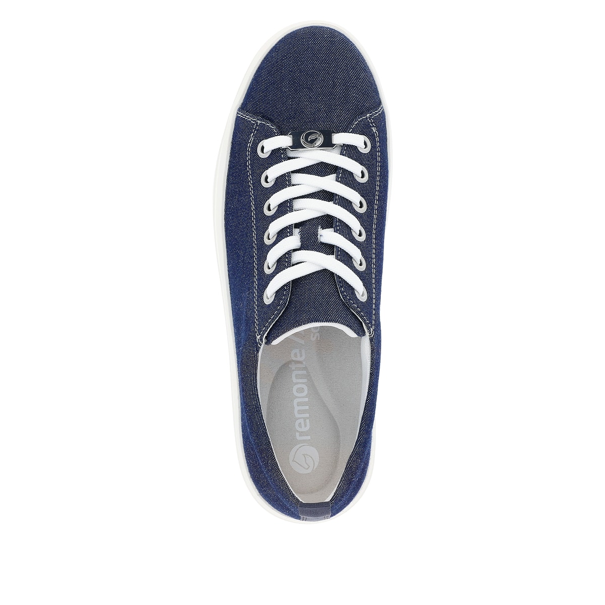 Blaue remonte Damen Sneaker D1C03-14 mit Schnürung sowie Ziernähten. Schuh von oben.