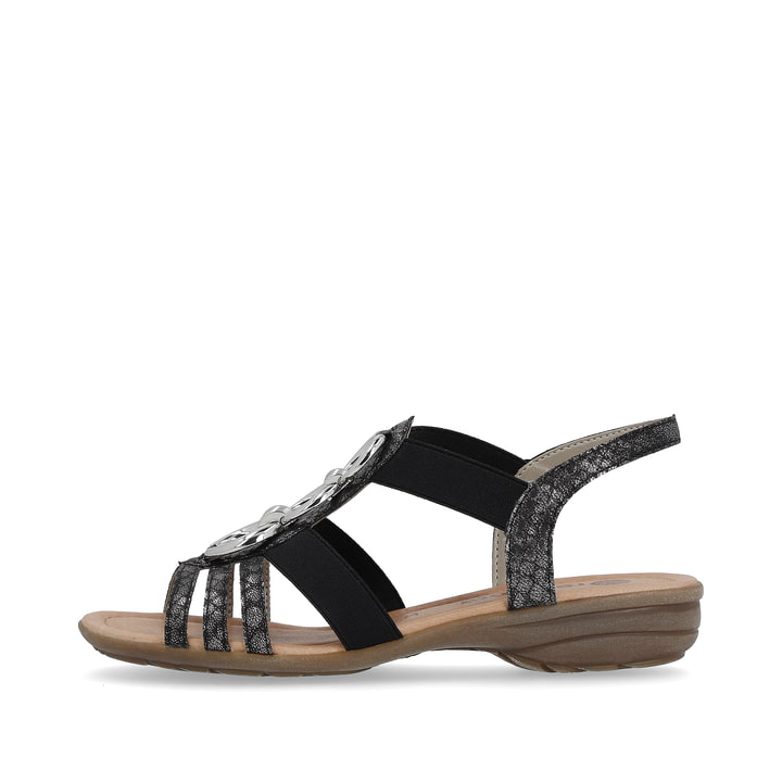 Nachtschwarze remonte Damen Riemchensandalen R3605-02 mit Elastikeinsatz. Schuh Außenseite.