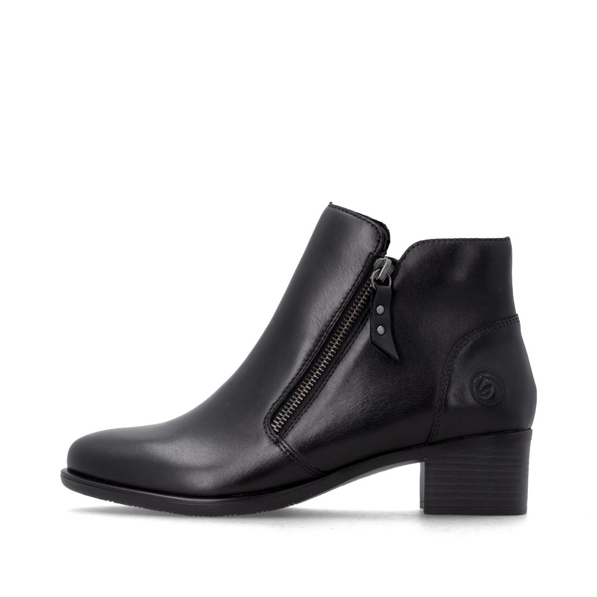 Schwarze remonte Damen Stiefeletten R5190-00 mit einem Reißverschluss. Schuh Außenseite.