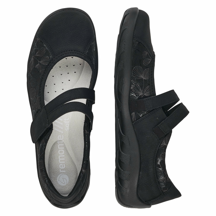 Schwarze remonte Ballerinas R3510-03 mit Klettverschluss sowie Komfortweite G. Schuh von oben, liegend.