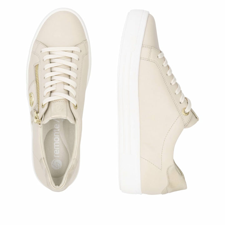 Beige remonte Damen Sneaker Low D0919-60 mit Reißverschluss sowie Komfortweite G. Schuh von oben, liegend.