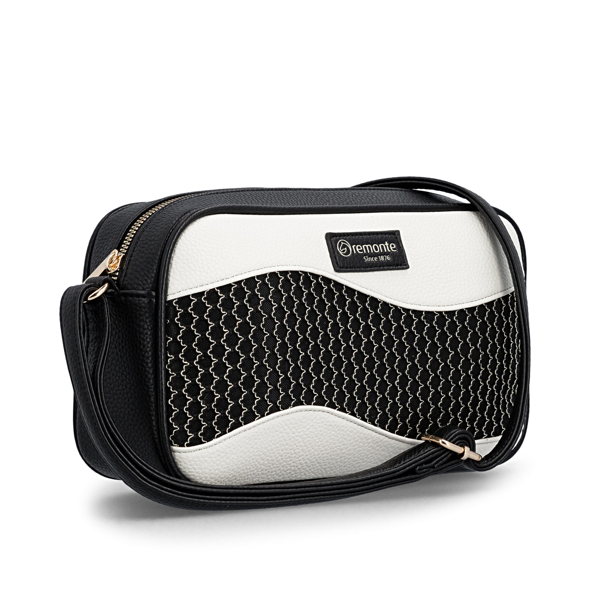 Sac à main remonte Q0668-01 noir avec détails dorés et fermeture éclair. Côté gauche.