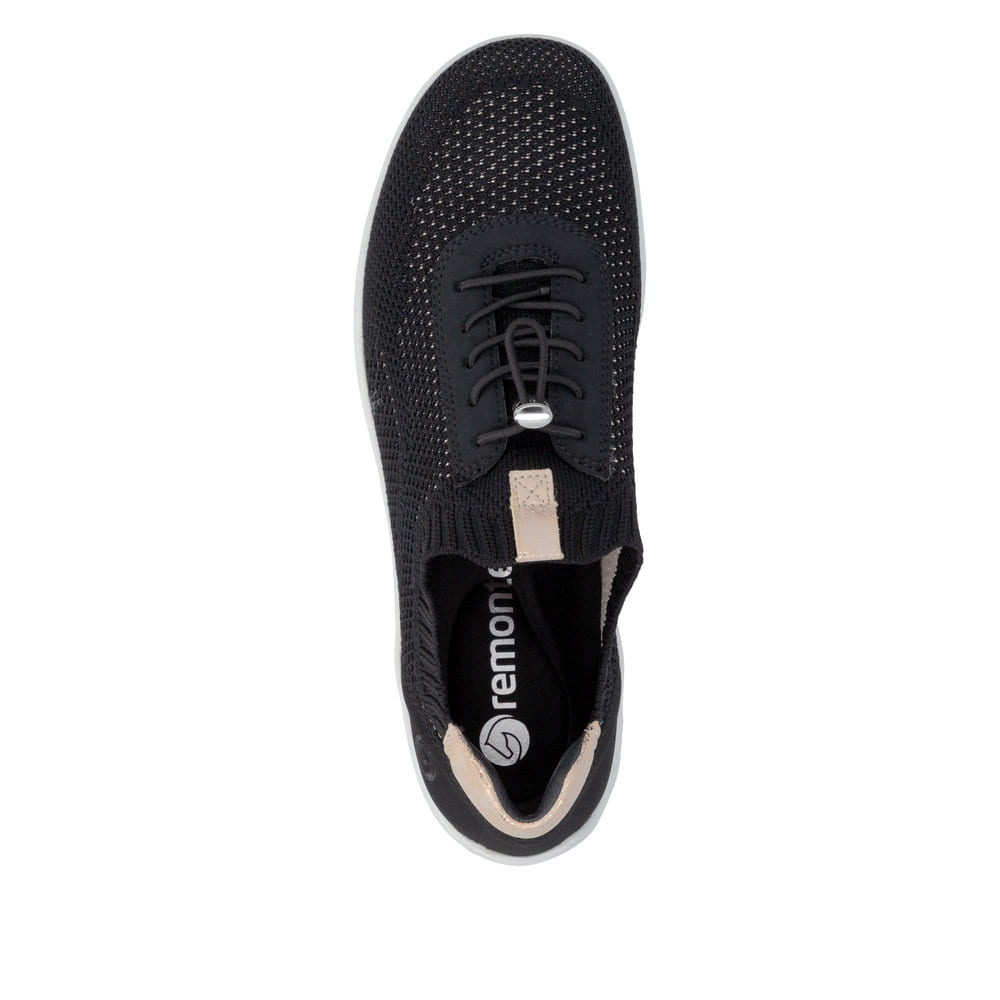 Schwarze remonte Damen Slipper R3520-03 mit einem Gummizug sowie Komfortweite G. Schuh von oben.