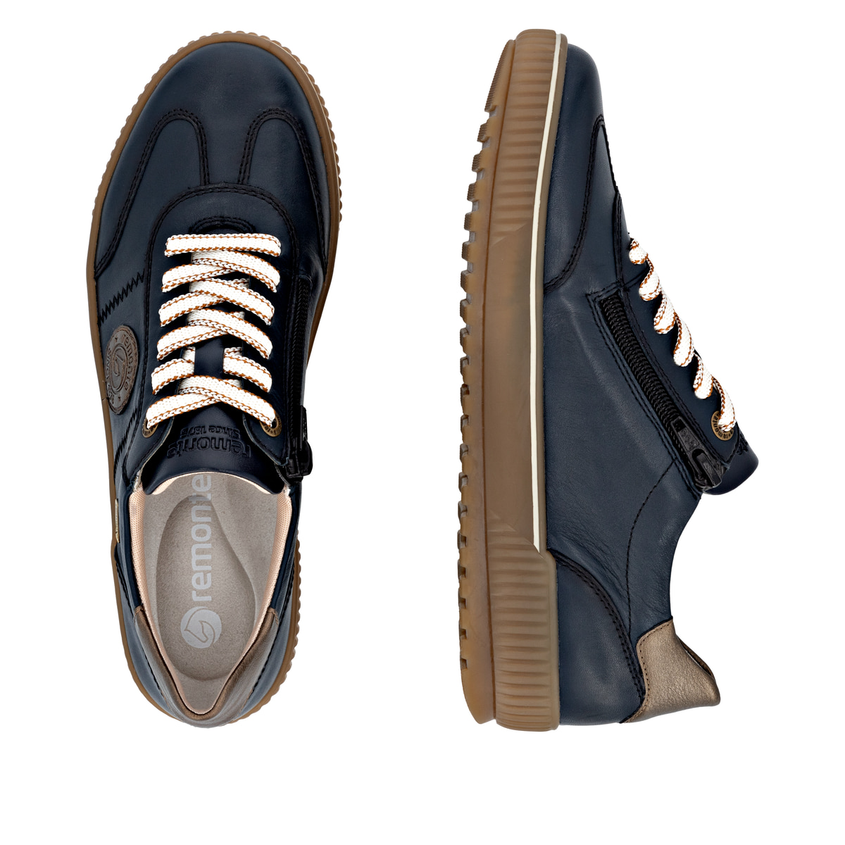 Blaue remonte Damen Sneaker D0702-14 mit wasserabweisender remonteTEX-Membran. Schuh von oben, liegend.