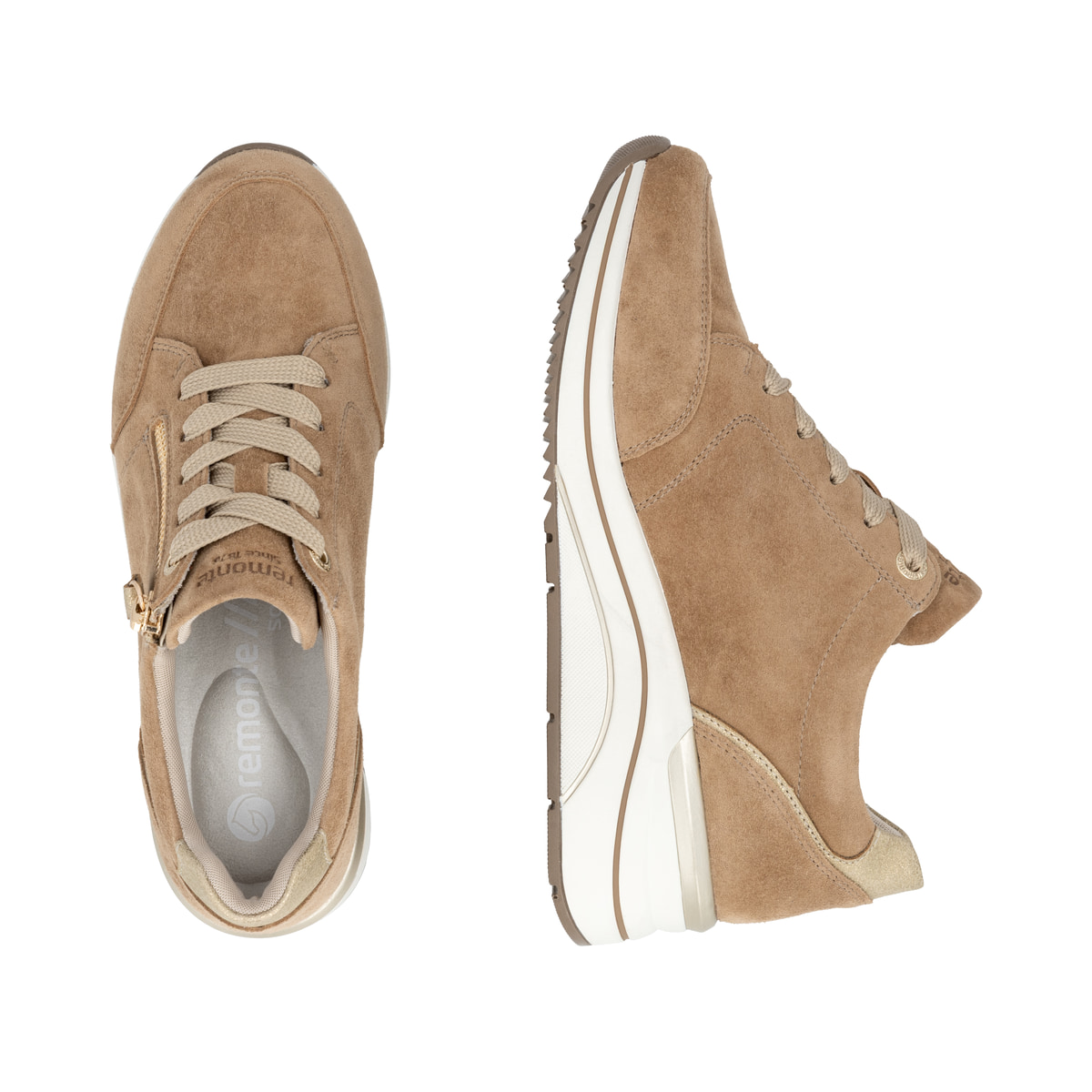 Camelfarbene remonte Damen Sneaker D0T03-64 mit einem Reißverschluss. Schuh von oben, liegend.