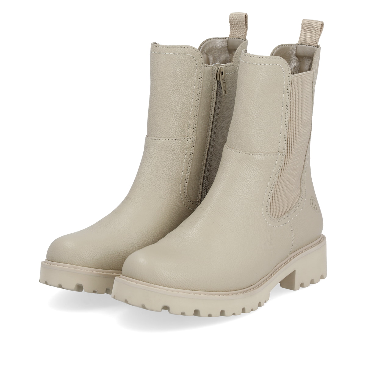 
Cremebeige remonte Damen Chelsea Boots D8694-60 mit einer besonders leichten Sohle. Schuhpaar schräg.