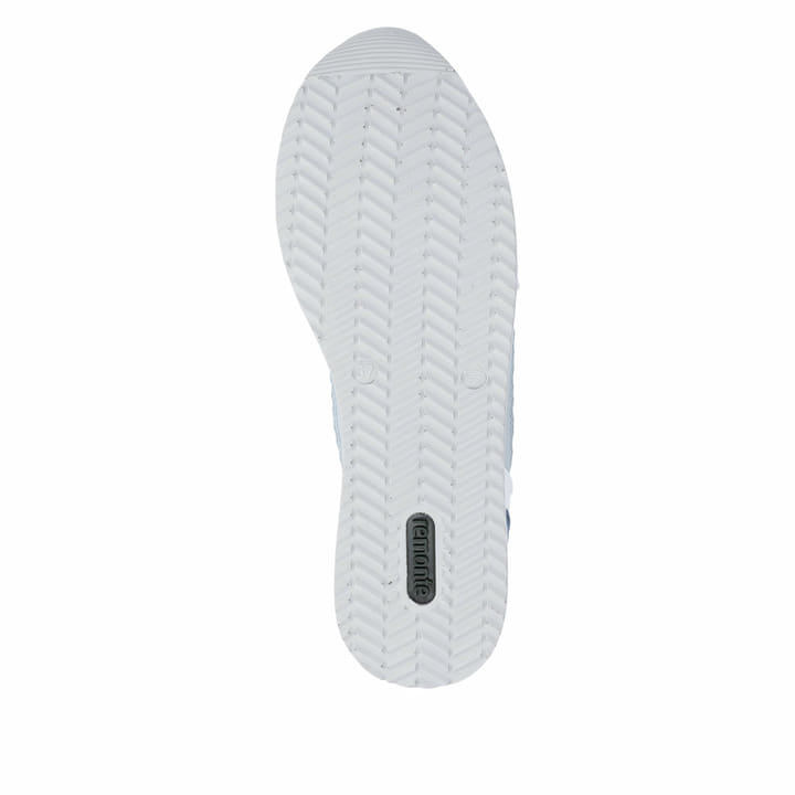 Weißblaue vegane remonte Damen Sneaker D1329-81 mit einem Reißverschluss. Schuh Laufsohle.