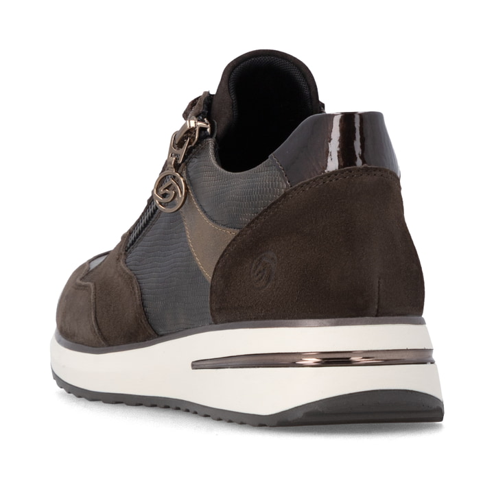 Dunkelbraun-bronzene remonte Damen Sneaker D1G08-25 mit einem Reißverschluss. Schuh von hinten.