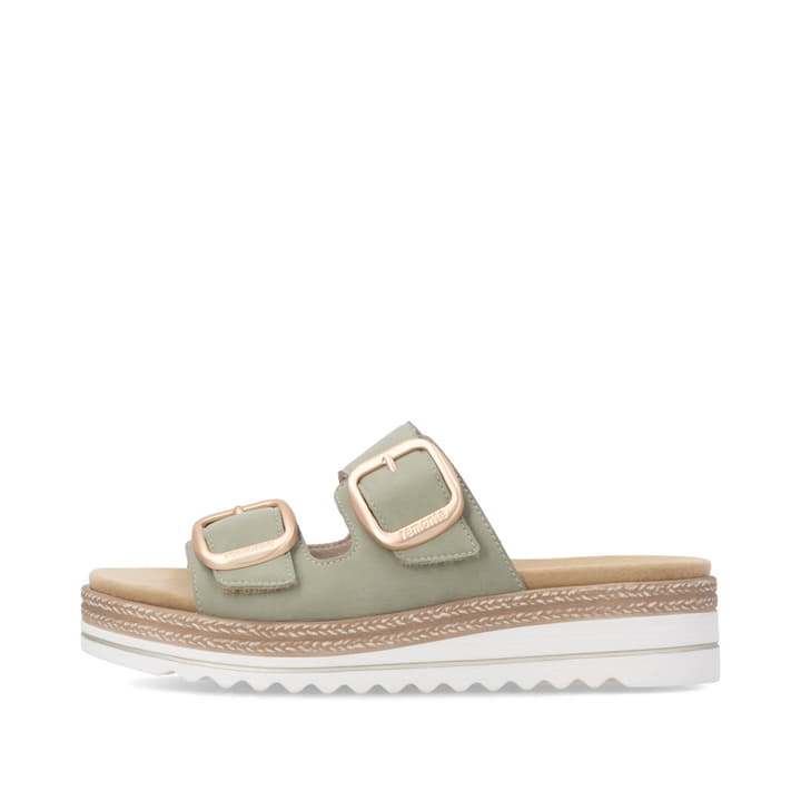 Mules remonte vertes pour femme D0Q66-52 avec boucle tendance. Côté extérieur de la chaussure.