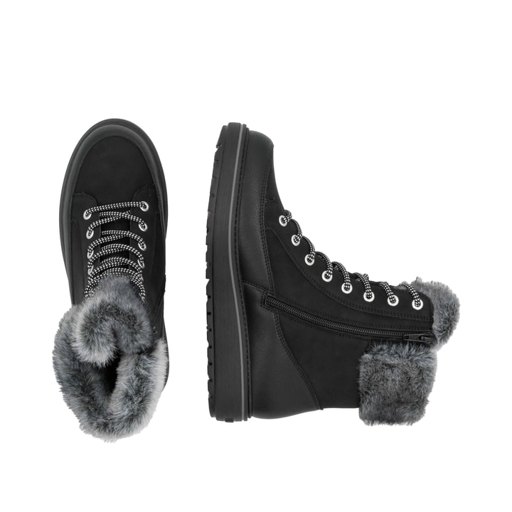 Nachtschwarze remonte Damen Schnürstiefel D0U78-03 mit Flip-Grip Sohle. Schuh von oben, liegend.
